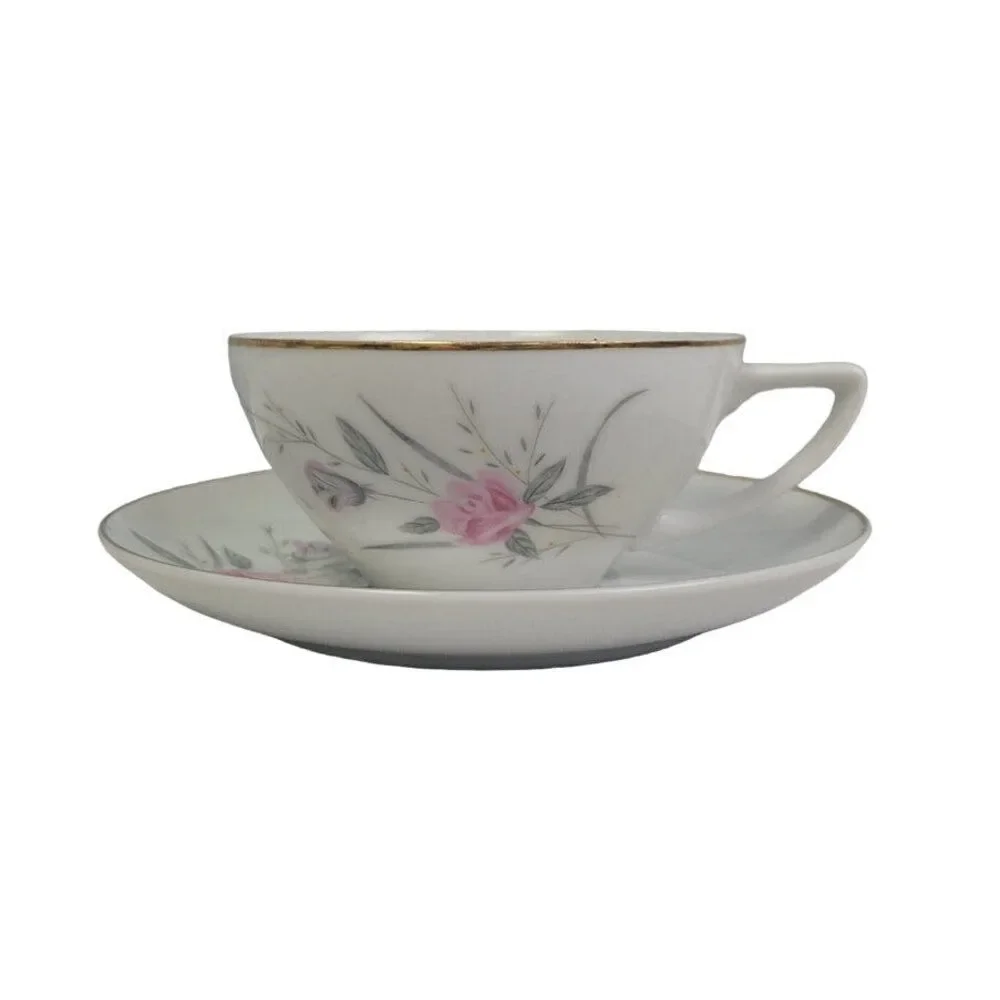 Set of 4 Vintage Golden Rose Flower Gold Rim Fine China Japan Teacups Saucers